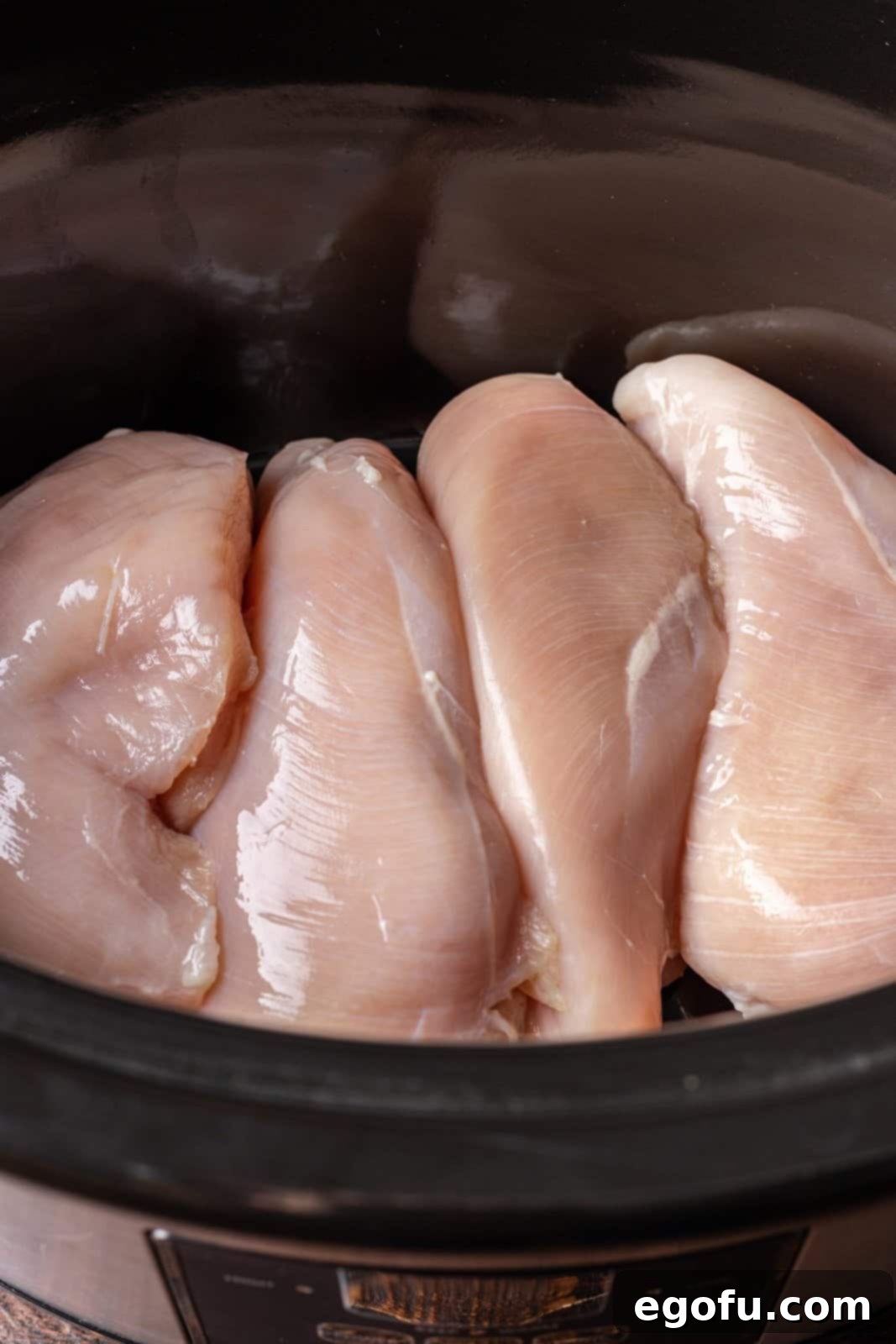 Chicken breasts arranged at the bottom of a slow cooker.