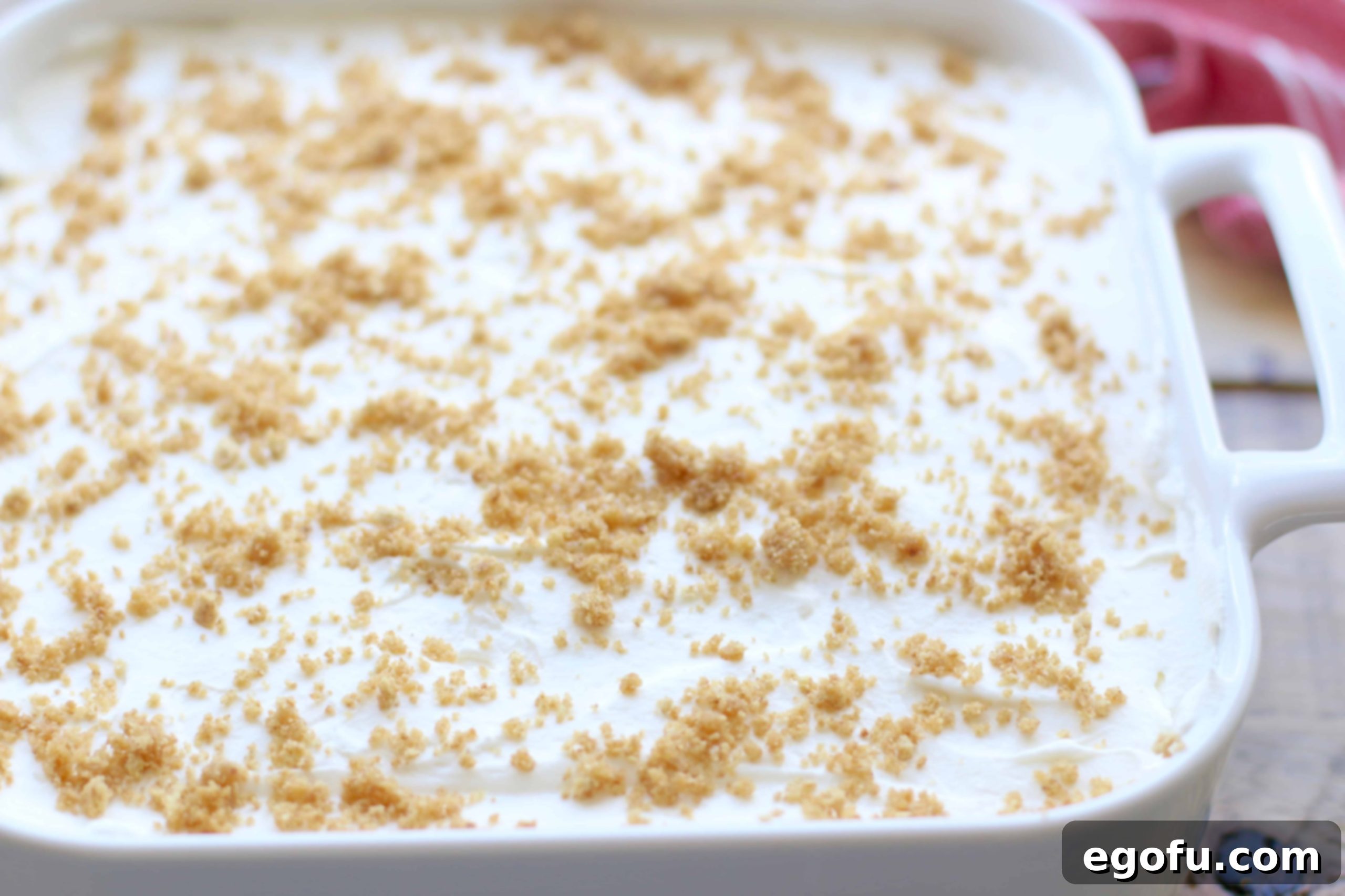 Graham cracker crumbs spread on top of finished no bake apple yum yum dessert.