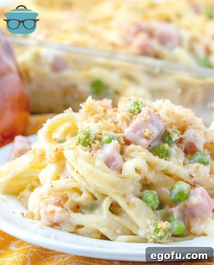 A serving of Creamy Ham Fettuccine Casserole, garnished and ready to be enjoyed, showing its delicious texture and golden topping.