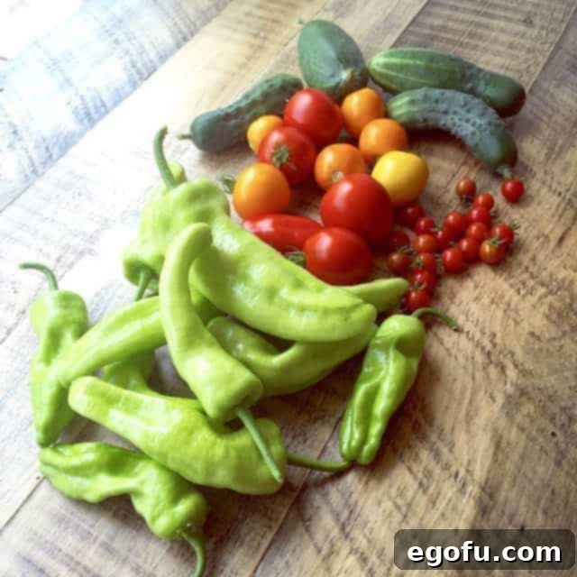 A fresh vegetable garden haul including vibrant banana peppers, ripe tomatoes, and crisp cucumbers.