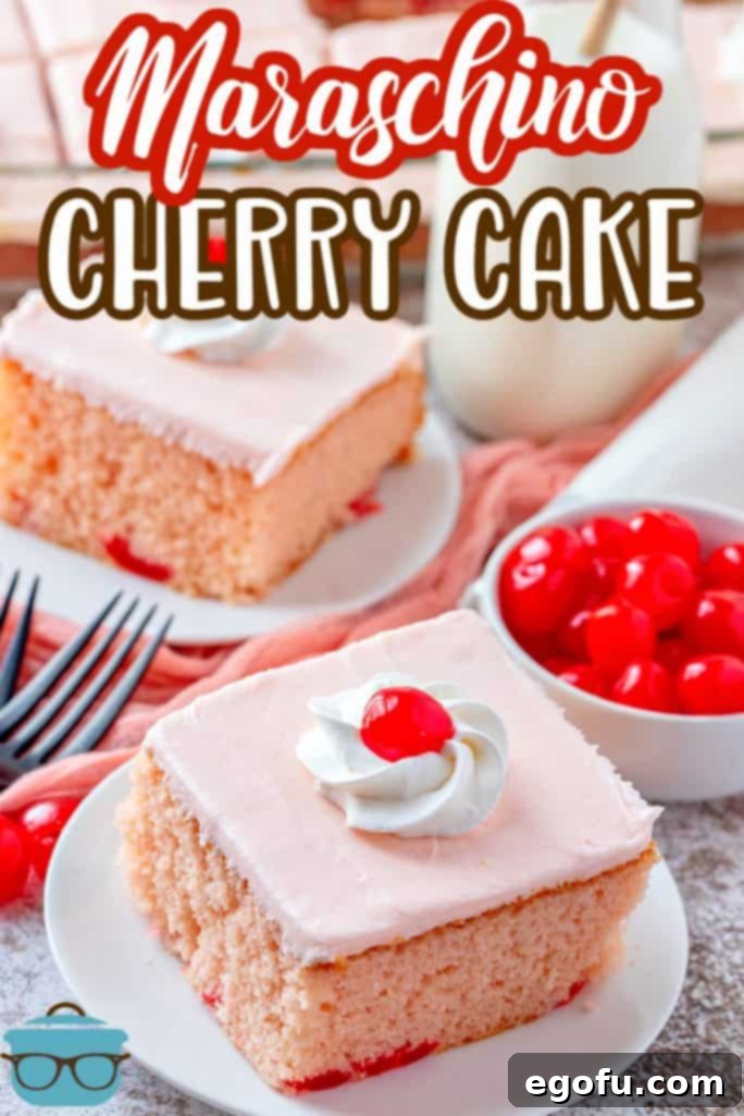 Two vibrant slices of Maraschino Cherry Cake, featuring pink cake and a generous layer of white cream cheese frosting, are presented on white plates, ready to be enjoyed.