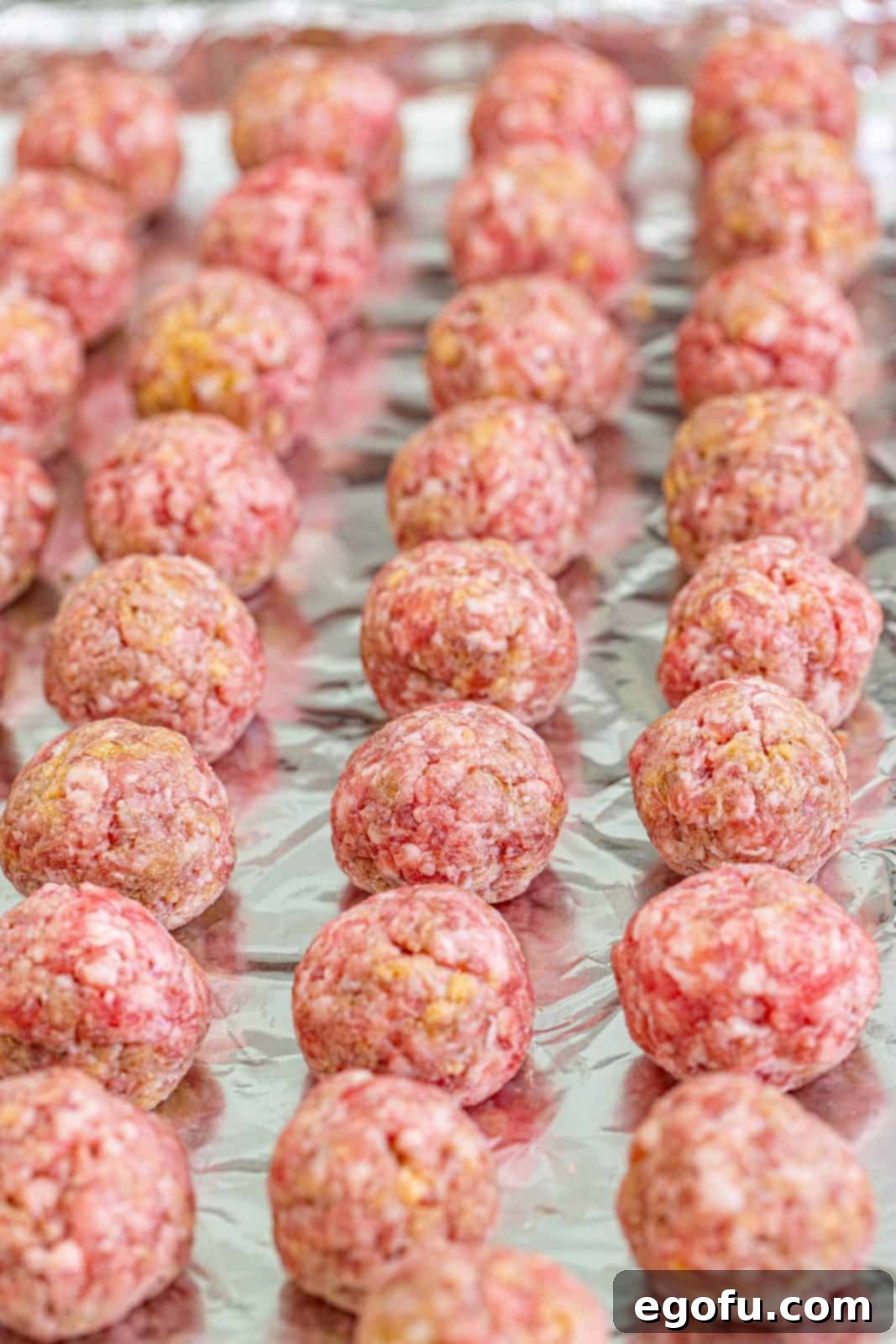 Sweet & Tangy Grape Jelly Meatballs 7 Meatballs shaped and placed on a foil lined baking sheet.