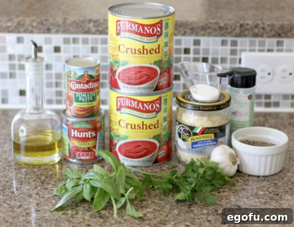 Slow Simmered Homemade Meatballs with Zesty Marinara 3 extra virgin olive oil, garlic cloves, crushed tomatoes, tomato sauce, tomato paste, water, grated Parmesan Romano, sugar, fresh basil, fresh parsley, fresh oregano, pepper