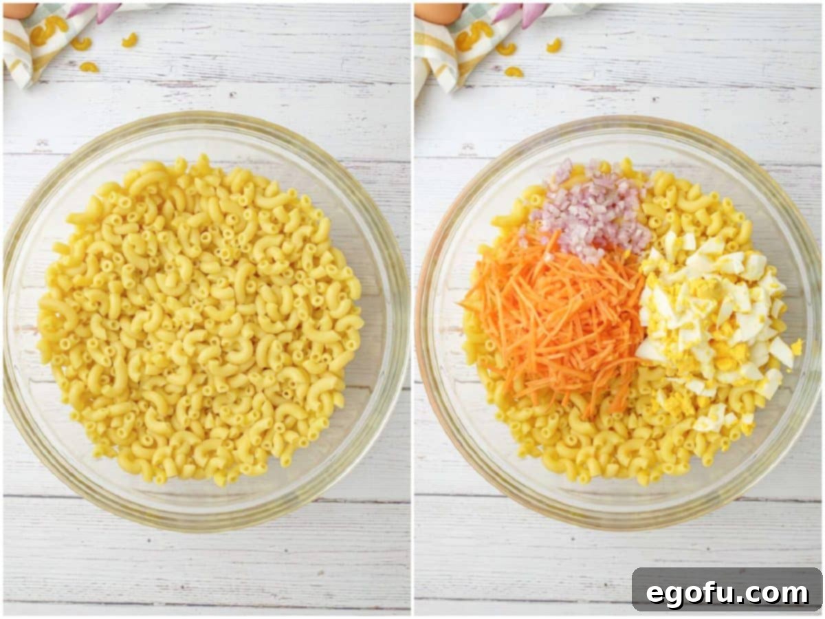 Creamy Hawaiian Macaroni Salad 5 collage of two photos: cooked macaroni noodles in a bowl; shredded carrots, diced shallots and diced boiled eggs added to macaroni in bowl.
