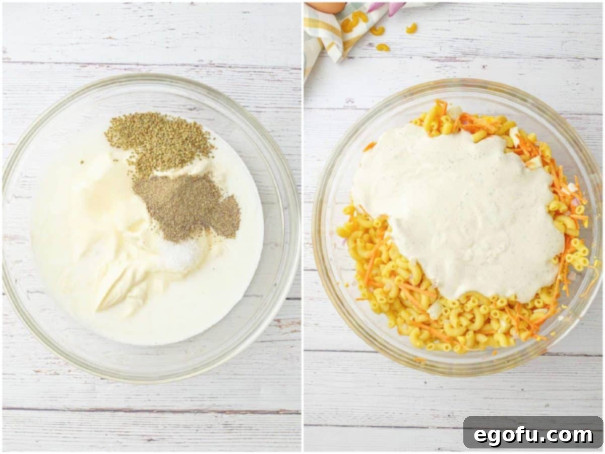 Creamy Hawaiian Macaroni Salad 6 collage of two photos: dressing ingredients added to a bowl; dressing poured over macaroni noodles in a separate bowl.