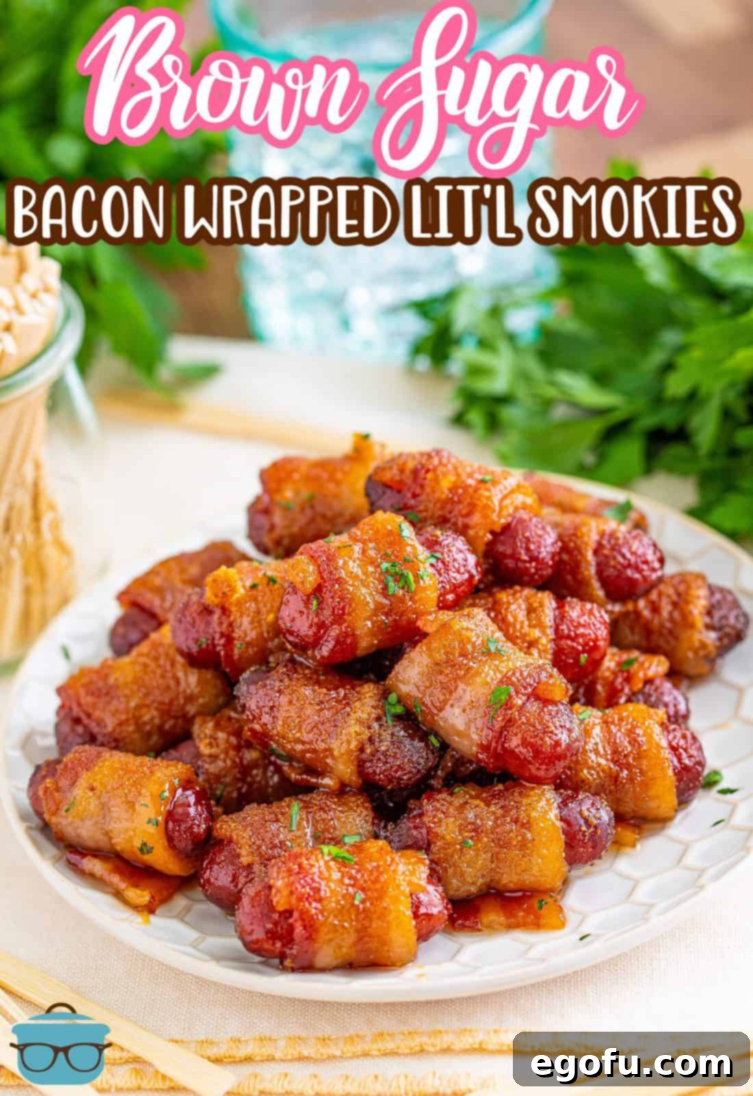 Crispy Bacon Sausage Bites 3 Pinterest image of Brown Sugar Bacon Wrapped Little Smokies on white plate with parsley in background.