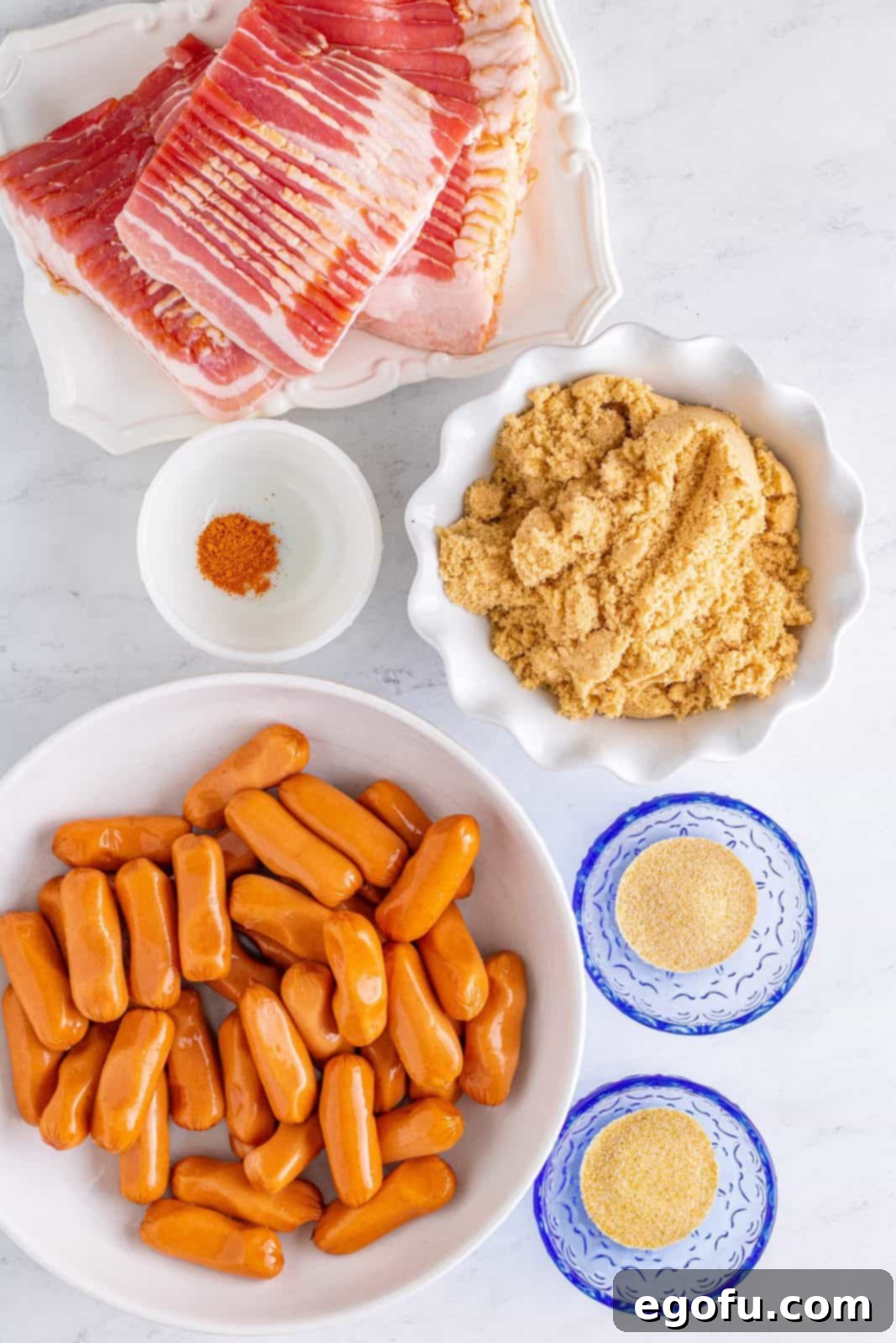 Crispy Bacon Sausage Bites 4 Ingredients needed: bacon, little smokies, brown sugar, garlic powder, onion powder, cayenne pepper and parsley.