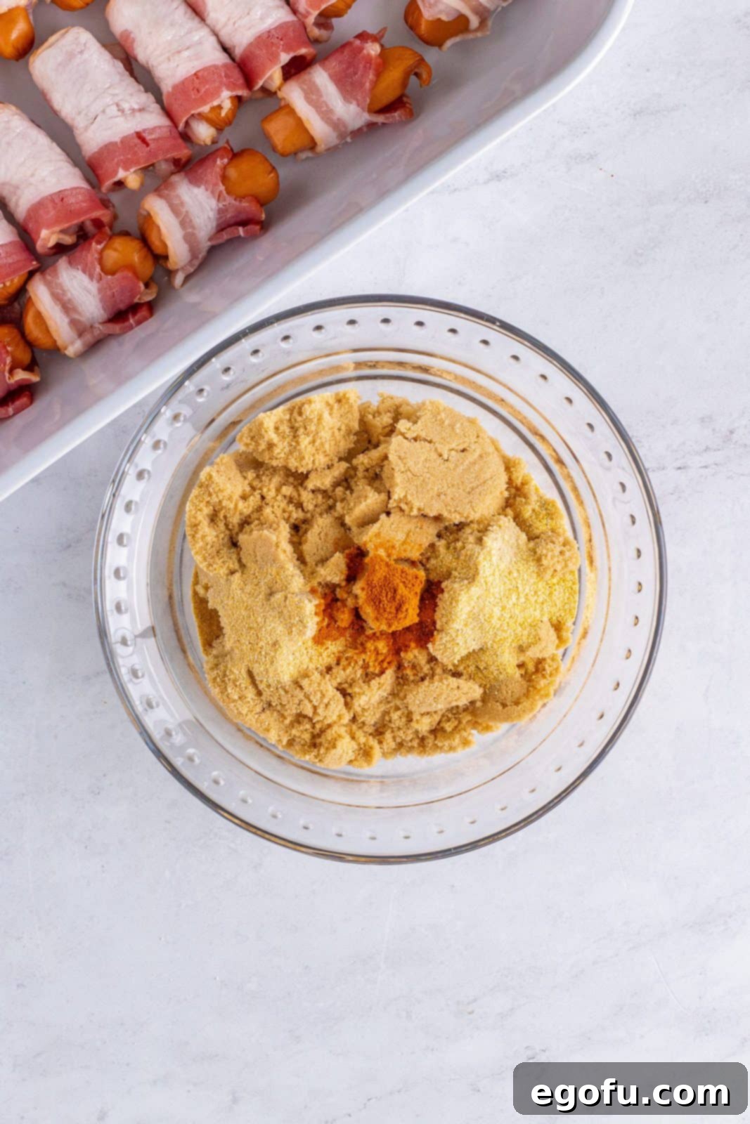 Crispy Bacon Sausage Bites 6 Brown sugar, garlic powder, onion powder, and cayenne in bowll.