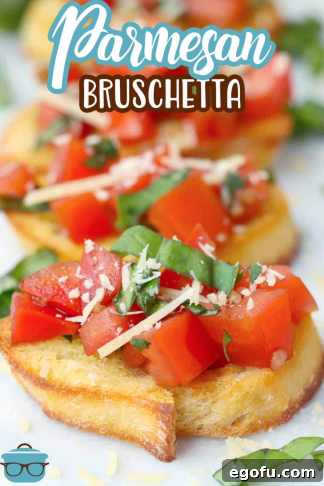 Garlic Parmesan Crostini 3 Pinterest image of Parmesan Bruschetta on baguette slices lined up on white platter.