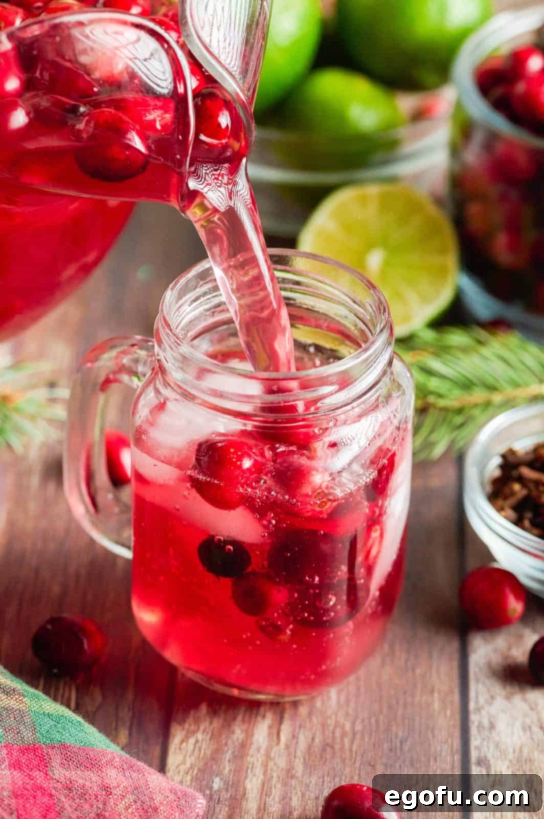 Crimson Bubbly 8 Pitcher pouring Cranberry Wine Spritzer in glass. A refreshing serve for any winter party.