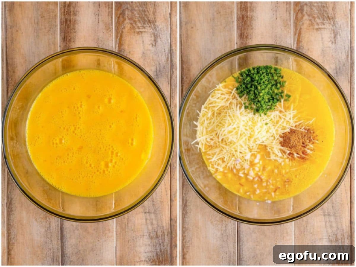 Starbucks' Bite-Sized Egg Delights 6 A two-part collage showing the initial steps of preparing the egg bite mixture: on the left, eighteen eggs are energetically whisked together in a clear glass bowl until smooth; on the right, finely grated Gruyere cheese, vibrant fresh chives, and pungent minced shallots are carefully added to the whisked egg mixture, poised for thorough incorporation.