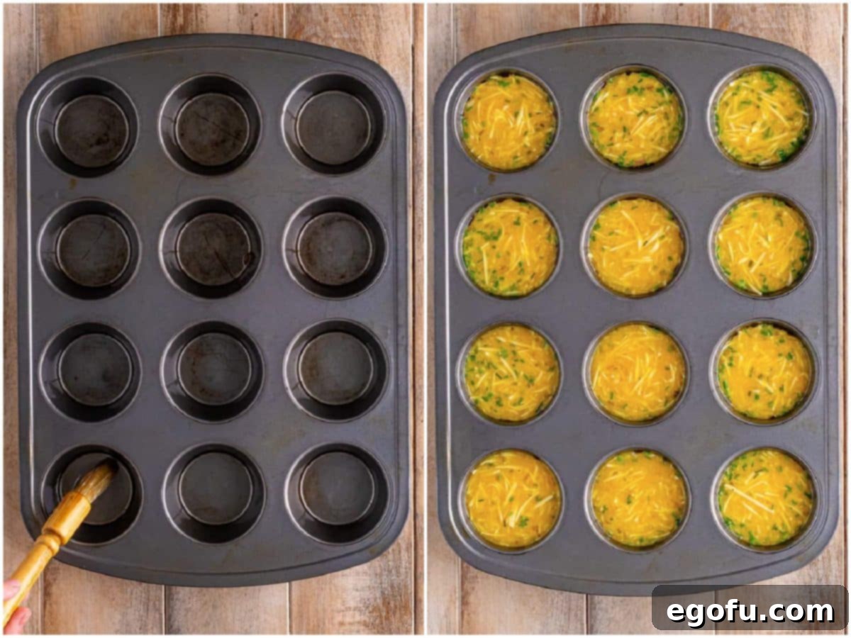 Starbucks' Bite-Sized Egg Delights 7 A two-panel photographic collage illustrating the muffin pan preparation: on the left, a pastry brush is actively spreading savory bacon grease into each well of a 12-cup muffin pan; on the right, the smooth and creamy egg batter mixture is being meticulously spooned into the greased muffin wells, filling them partially.