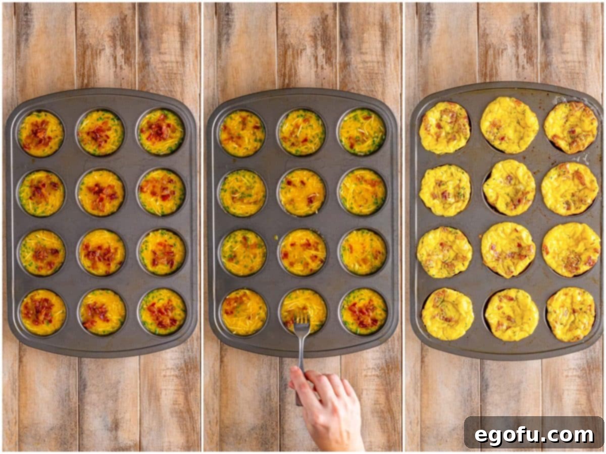Starbucks' Bite-Sized Egg Delights 8 A three-panel image demonstrating the final preparation and baking of egg bites: on the left, crispy bacon pieces are sprinkled atop the egg mixture in a muffin tin; in the center, a fork is gently used to mix the bacon into the eggs for even distribution; on the right, a batch of fully baked, beautifully golden brown egg bites is prominently displayed, perfectly risen in the muffin tin.