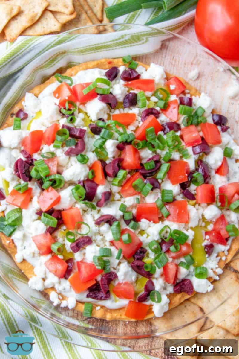 overhead photo of dip with pita chips in the background.