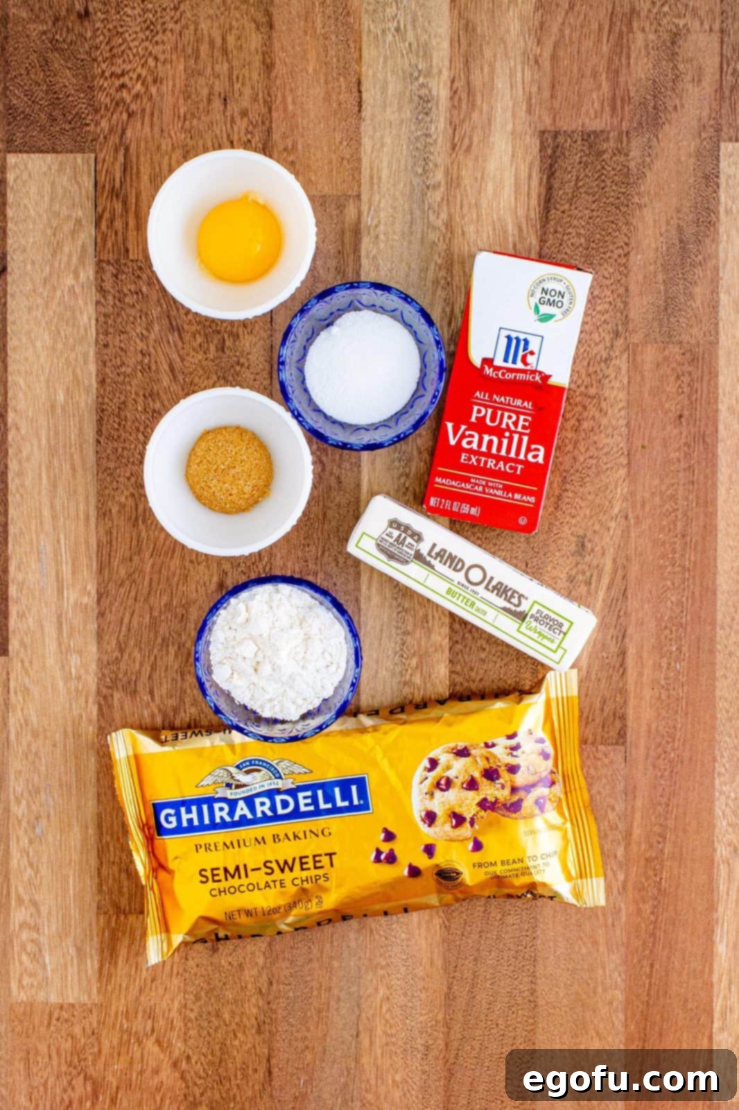 salted butter, sugar, light brown sugar, vanilla extract, egg yolk, all purpose flour, semi sweet chocolate chips.