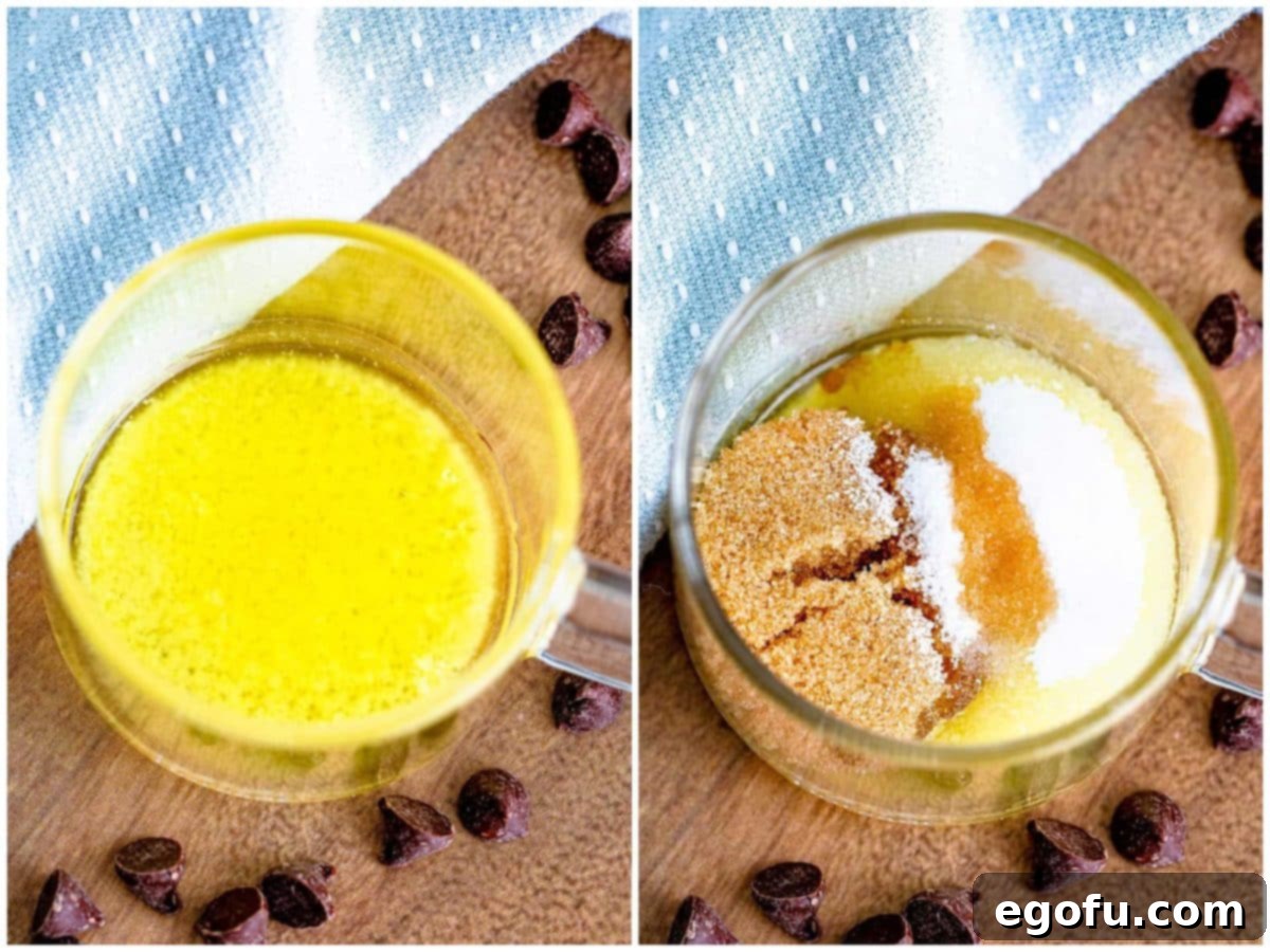 collage of two photos: melted butter in a clear mug; brown sugar and white sugar in a clear mug with melted butter. 