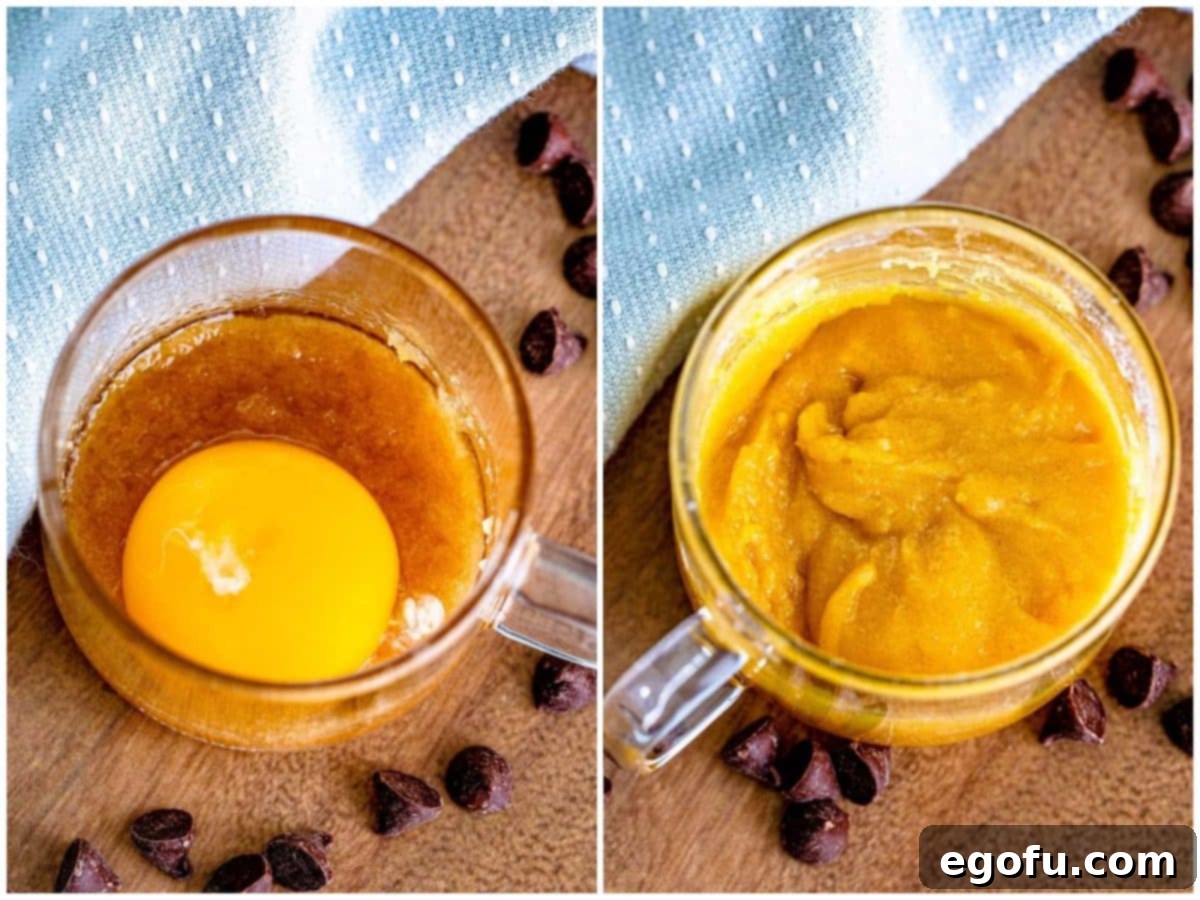 collage of two photos: egg yolk added to melted brown sugar in a clear mug; flour added to mixture in mug.