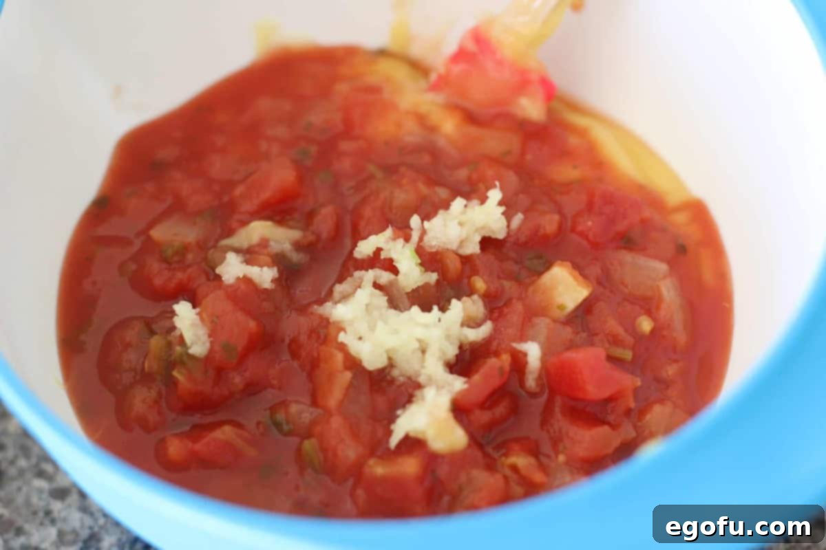Salsa, cream of chicken soup, and minced garlic in a mixing bowl with a spoon, being combined.