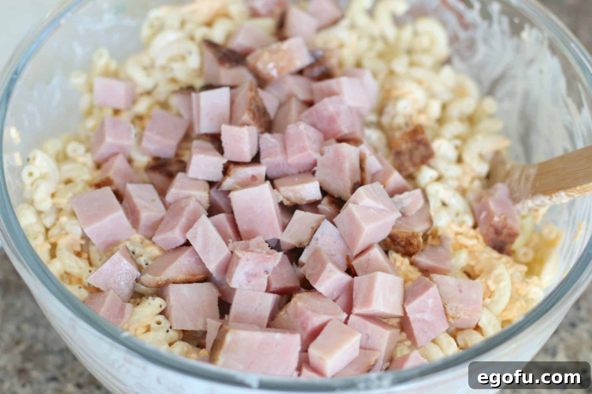 Homestyle Pimiento Macaroni Salad 9 diced ham added into macaroni salad.