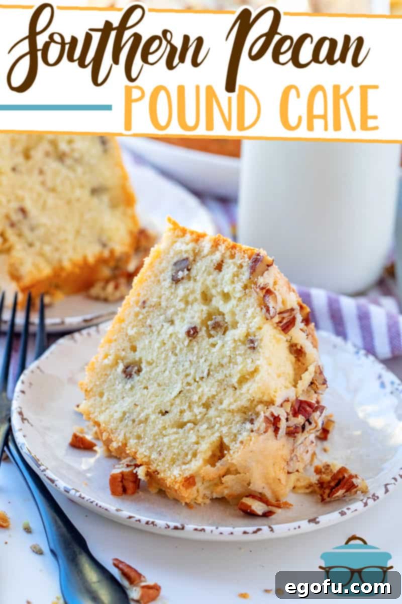 Heirloom Southern Pecan Pound Cake 3 A perfectly baked slice of Southern Pecan Pound Cake, showcasing its moist texture and pecan pieces, displayed elegantly on a small round white plate. This image captures the delicious appeal of the recipe.