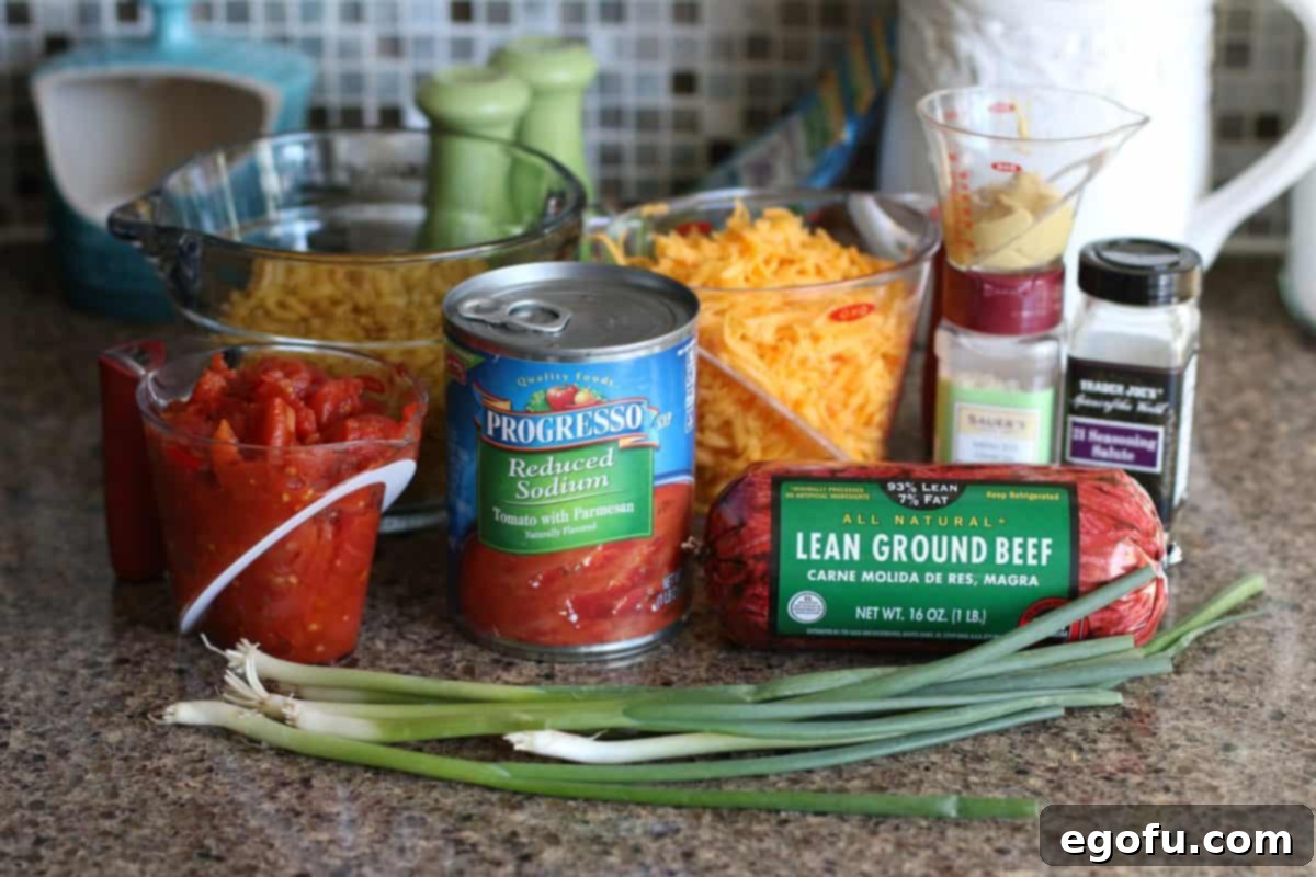 A vibrant display of ingredients needed for the Easy Cheesy Macaroni Skillet: macaroni noodles, lean ground beef, Italian seasoning, dried onion flakes, diced tomatoes, tomato soup, and shredded cheddar cheese.