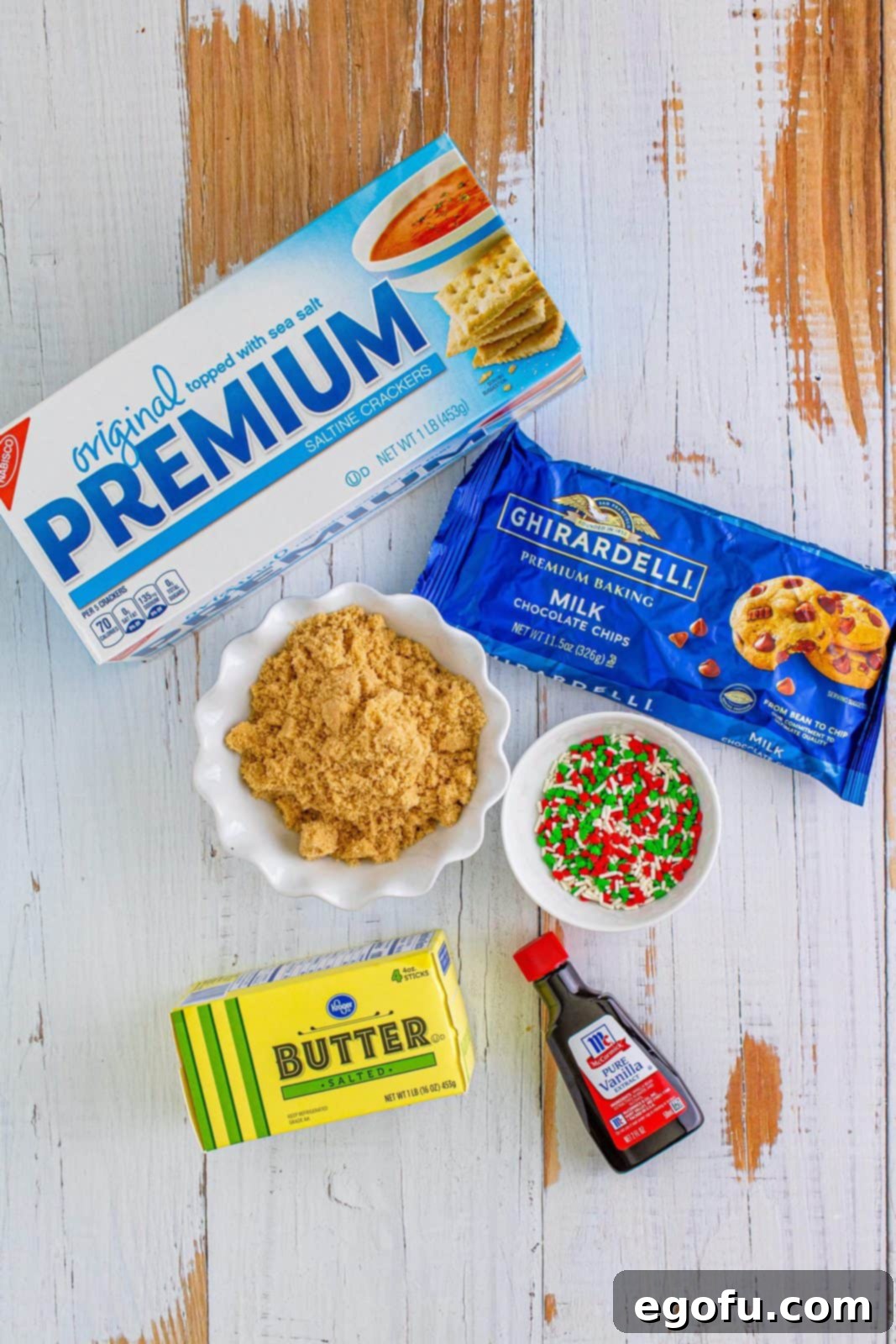 Christmas Caramel Cracker Crunch 4 saltine crackers, butter, light brown sugar, vanilla extract, chocolate chips.