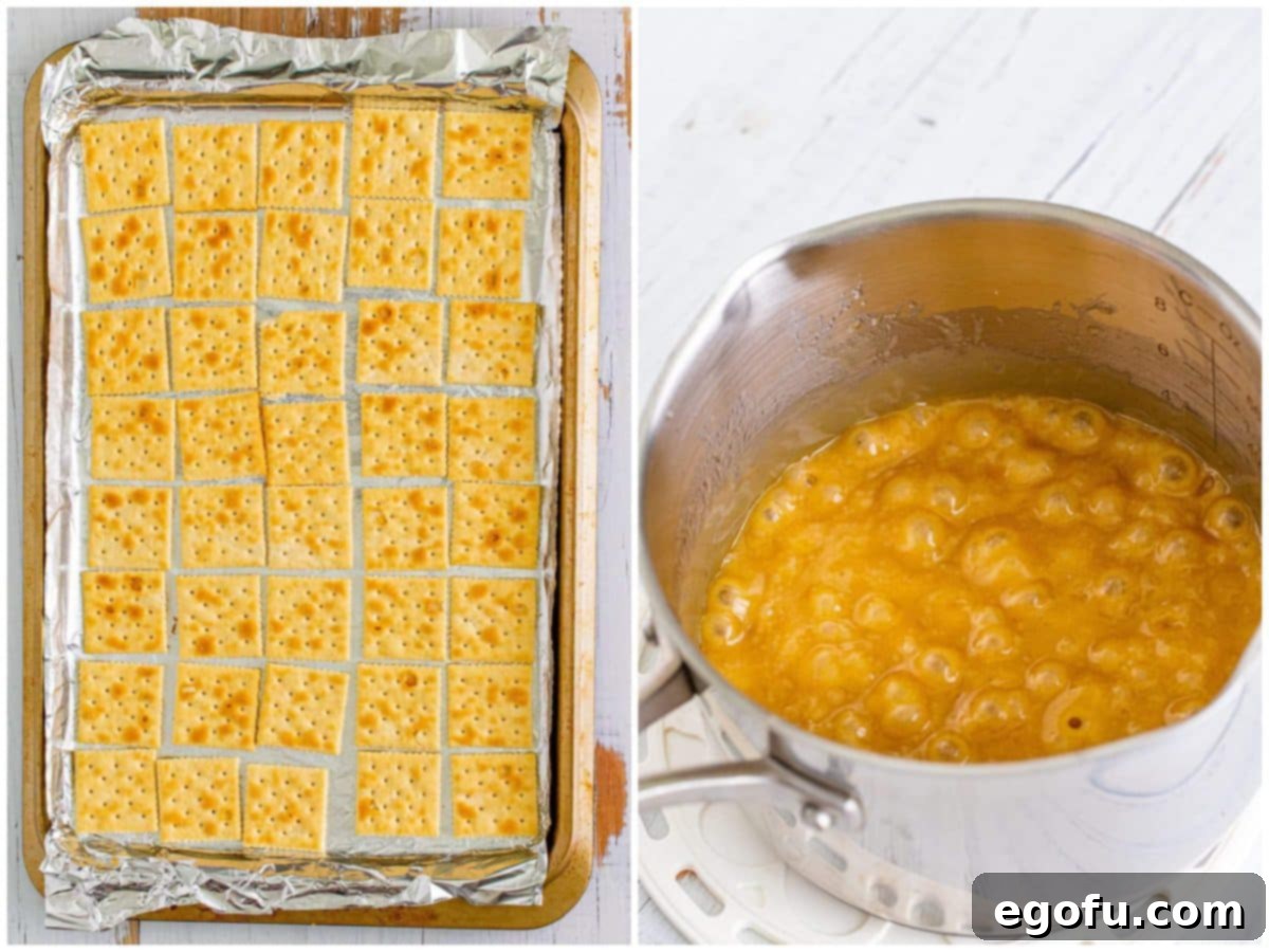 Christmas Caramel Cracker Crunch 5 collage of two photos: crackers on a baking sheet; brown sugar and butter boiling in a sauce pan.