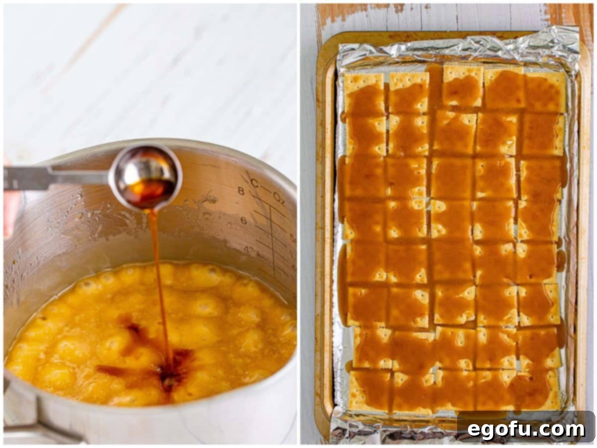 Christmas Caramel Cracker Crunch 6 collage of two photos: pouring vanilla extract into sauce pan; pouring toffee over crackers on baking sheet.
