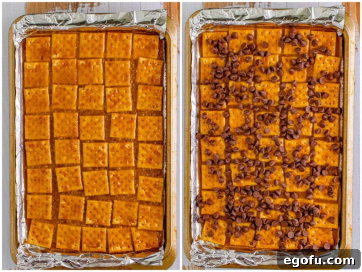Christmas Caramel Cracker Crunch 7 collage of two photos: baked cracker toffee in a baking sheet; chocolate chips on a baking sheet.