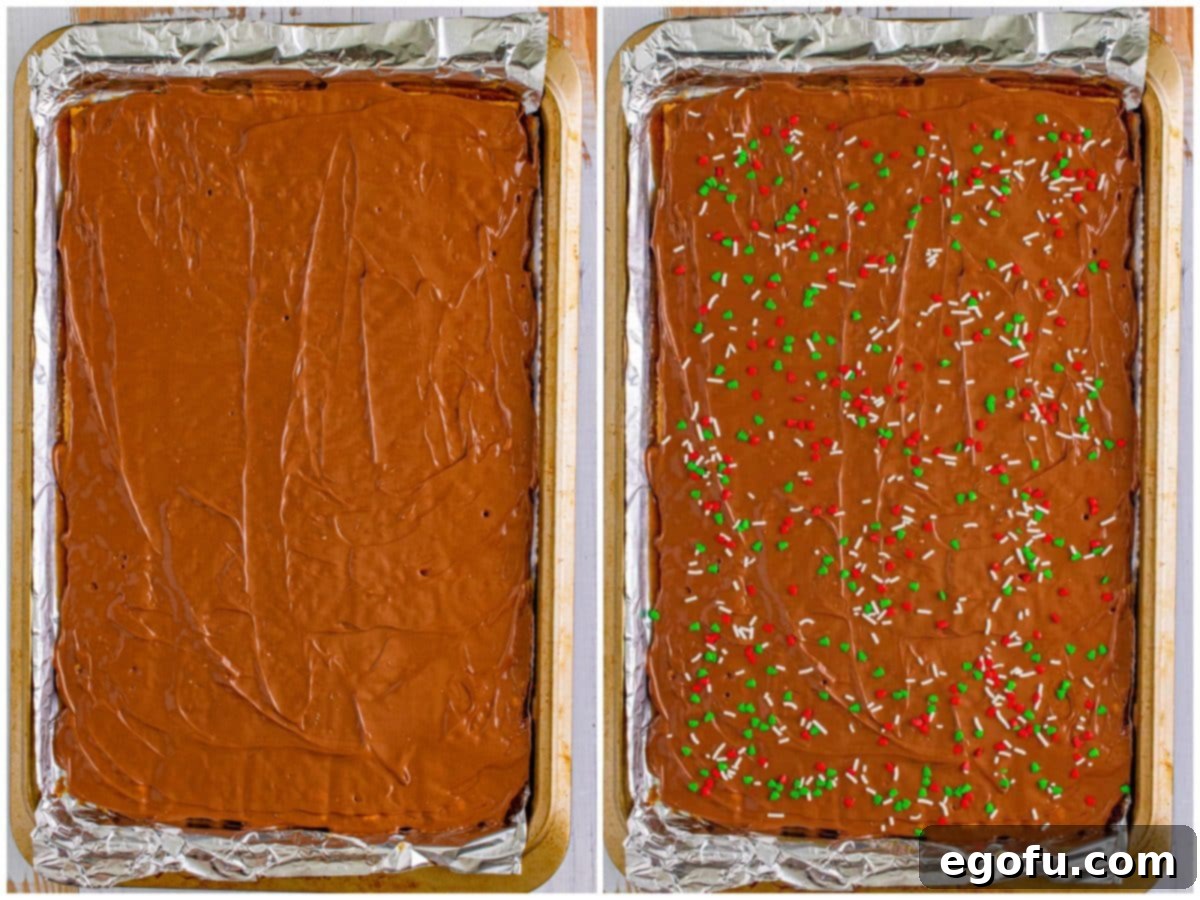 Christmas Caramel Cracker Crunch 8 collage of two photos: melted chocolate on crackers; sprinkles over melted chocolate.