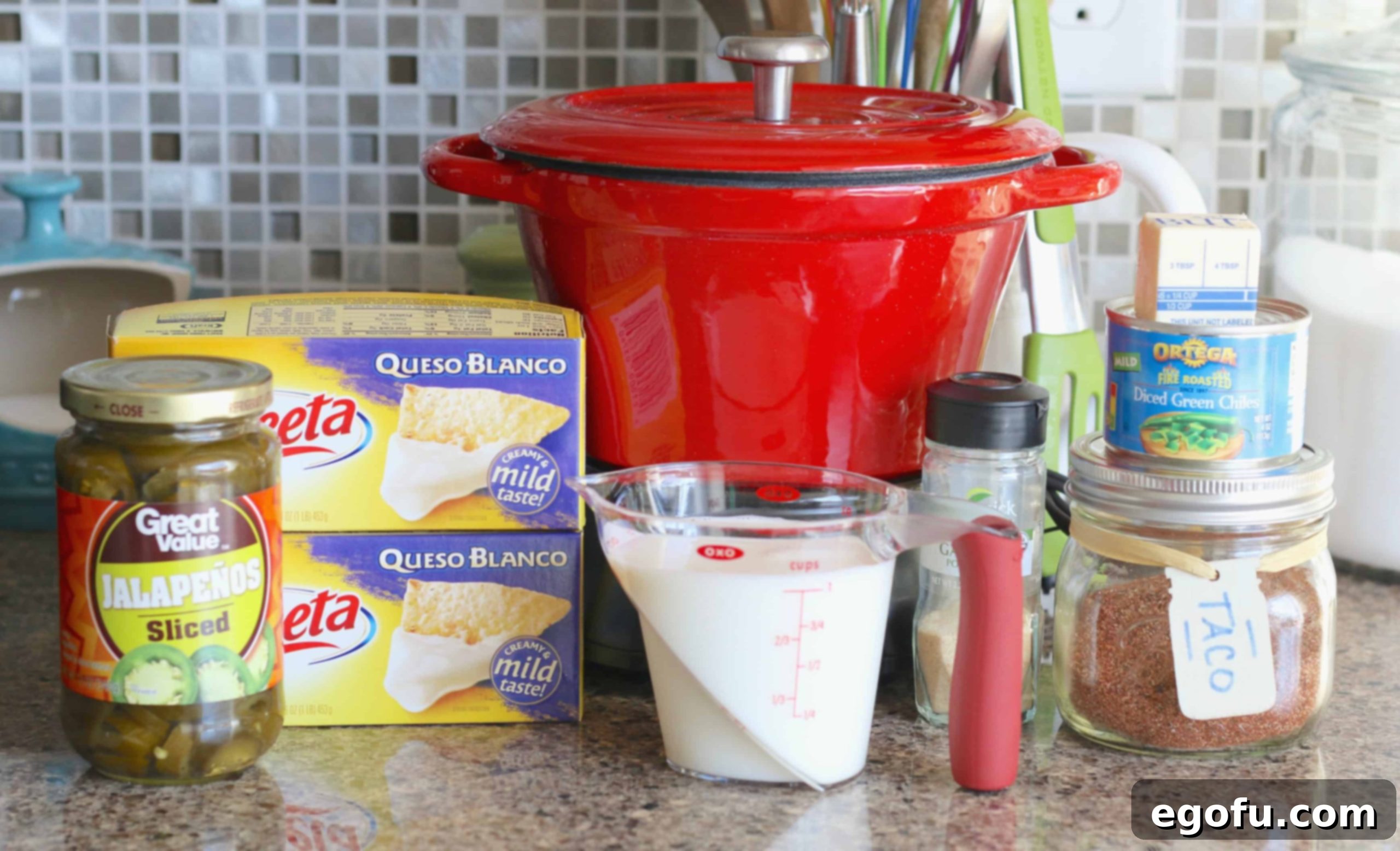 Velvet Queso Blanco, milk, jalapeños, taco seasoning, garlic powder, diced green chiles.