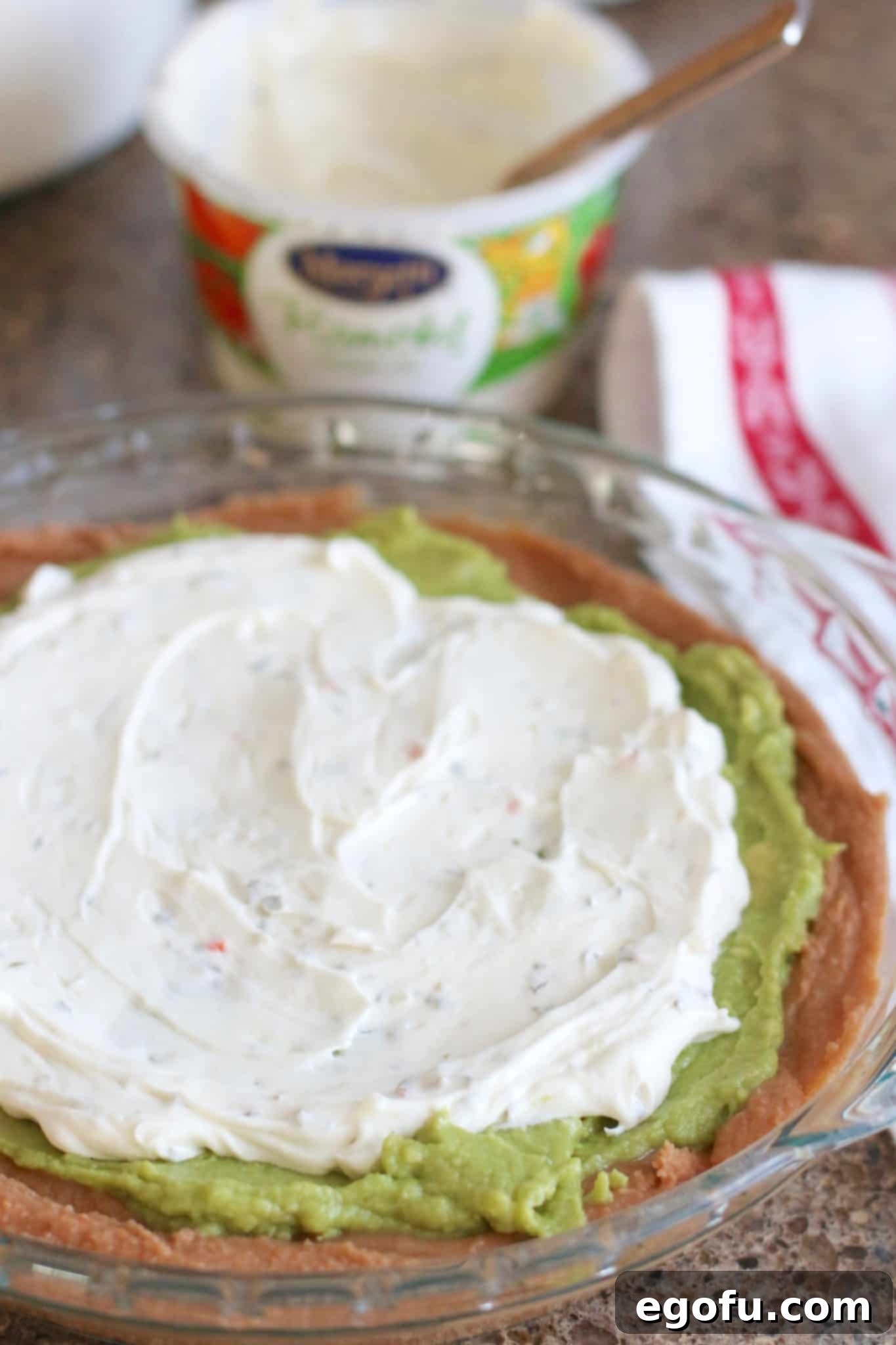 Ranch Dressing dip, prepared guacamole, prepared bean dip