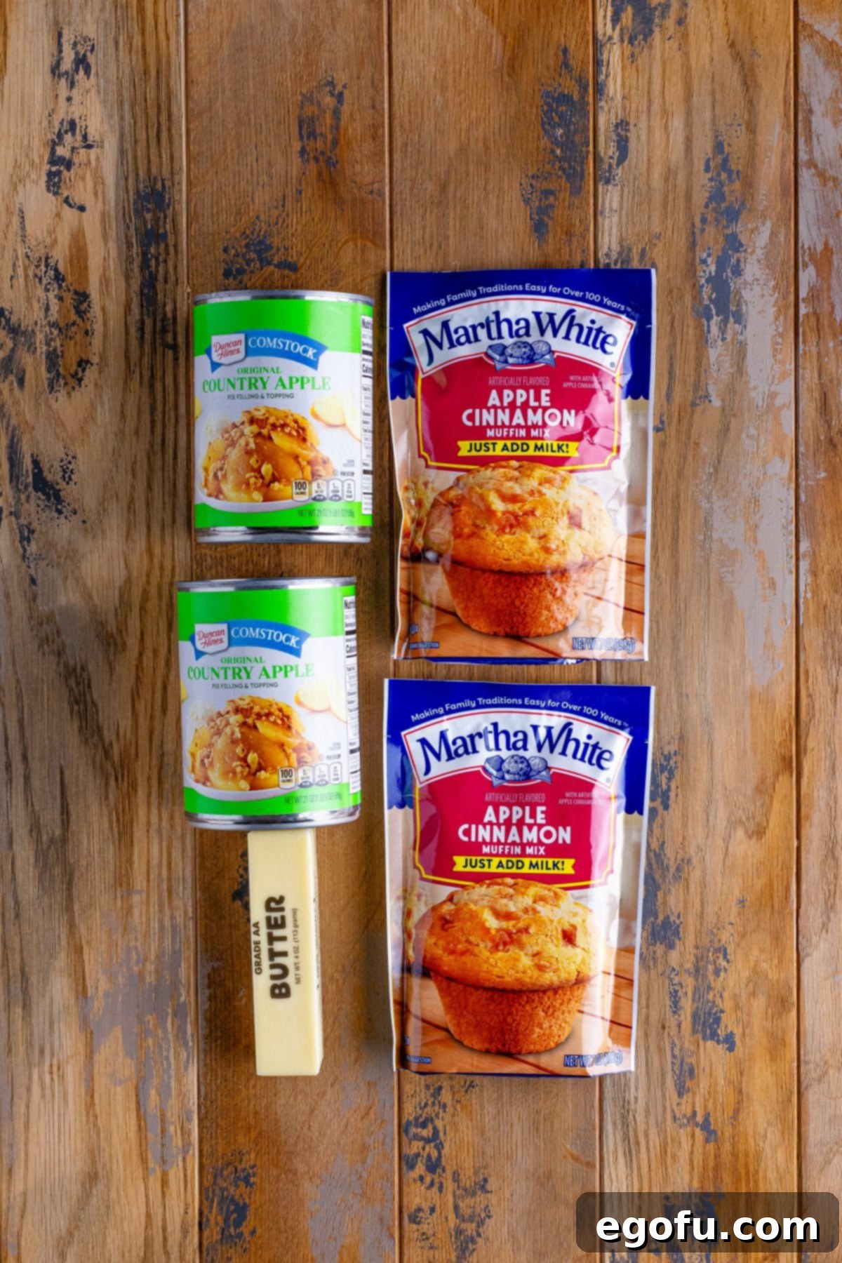 Apple cinnamon muffin mix, butter and apple pie filling.