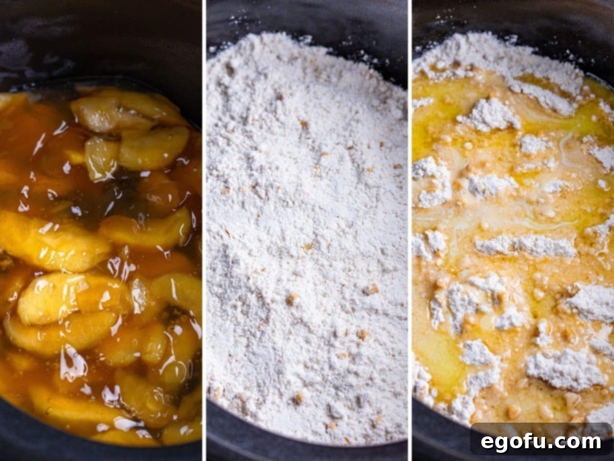 A crock pot with apple pie filling, muffin mix and melted butter.