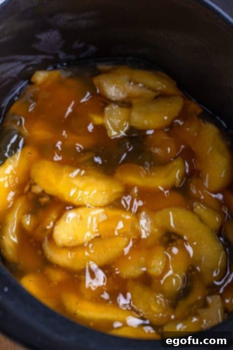 Apple pie filling in a Crock pot.