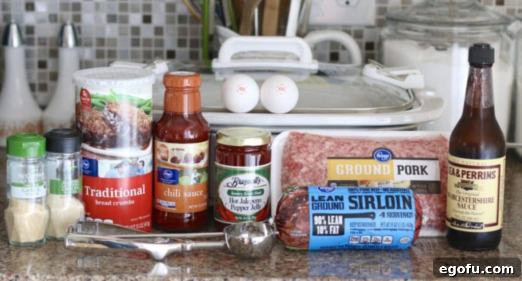 lean ground beef, ground pork, eggs, bread crumbs, salt, pepper, onion powder, garlic powder, Worcestershire Sauce, chili sauce, hot pepper jelly