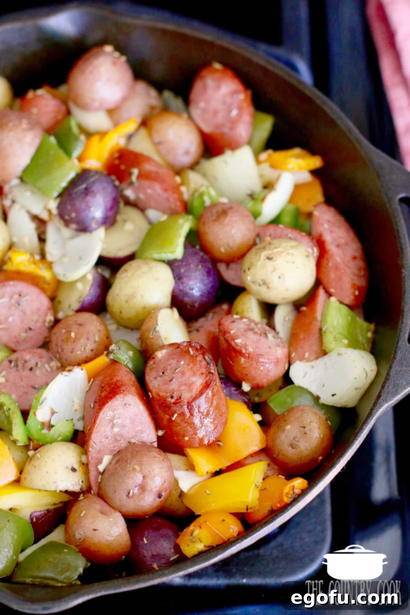 Seasoned Sausage and Potato Skillet Bake, served directly from the skillet.