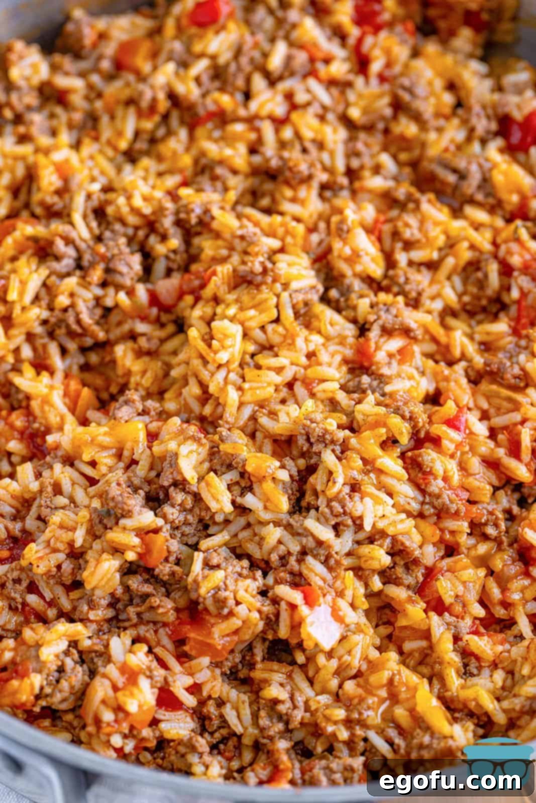 Okinawan Taco Rice 2 closeup photo of fully cooked Taco Rice in the skillet.