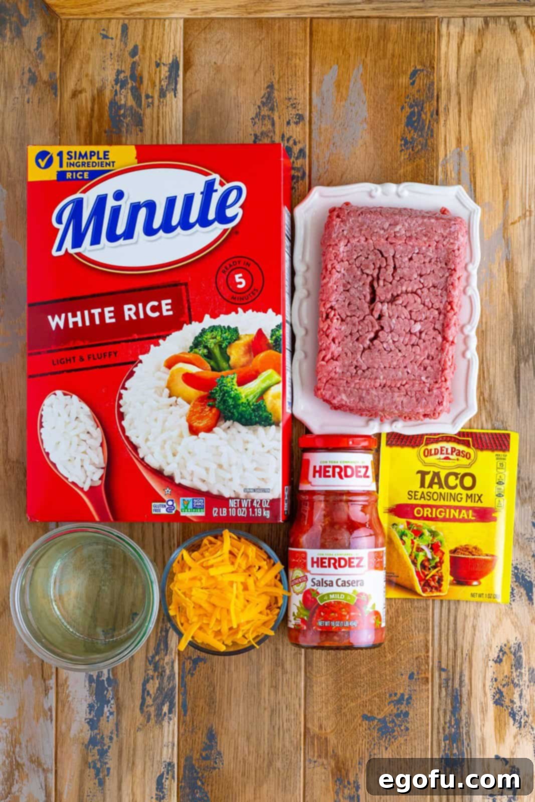 Okinawan Taco Rice 5 ground beef, taco seasoning, water, Minute Rice, salsa, shredded cheddar cheese.