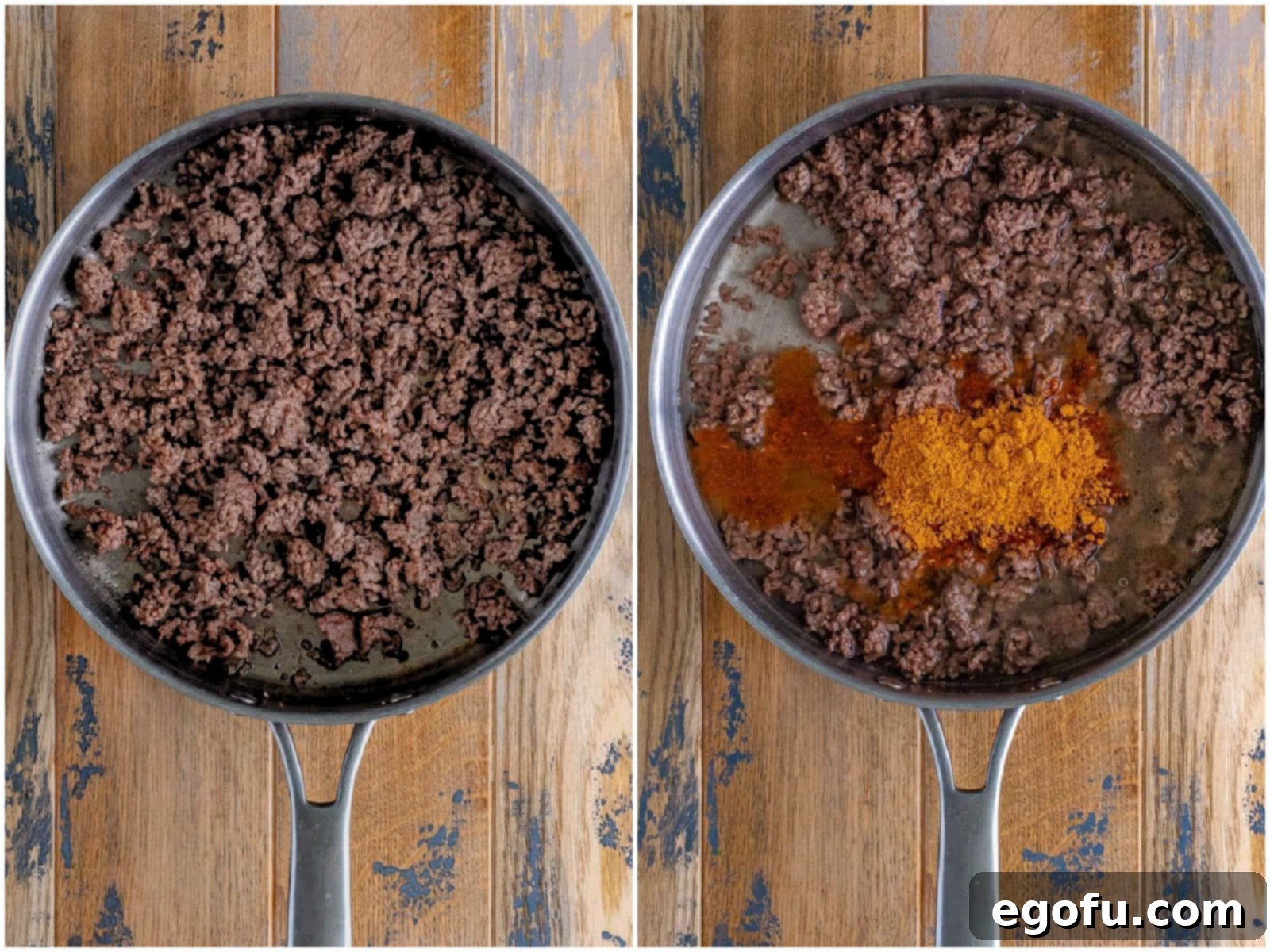 Okinawan Taco Rice 6 collage of two photos: browning and crumbling ground beef in a large skillet; taco seasoning and water added to ground beef.