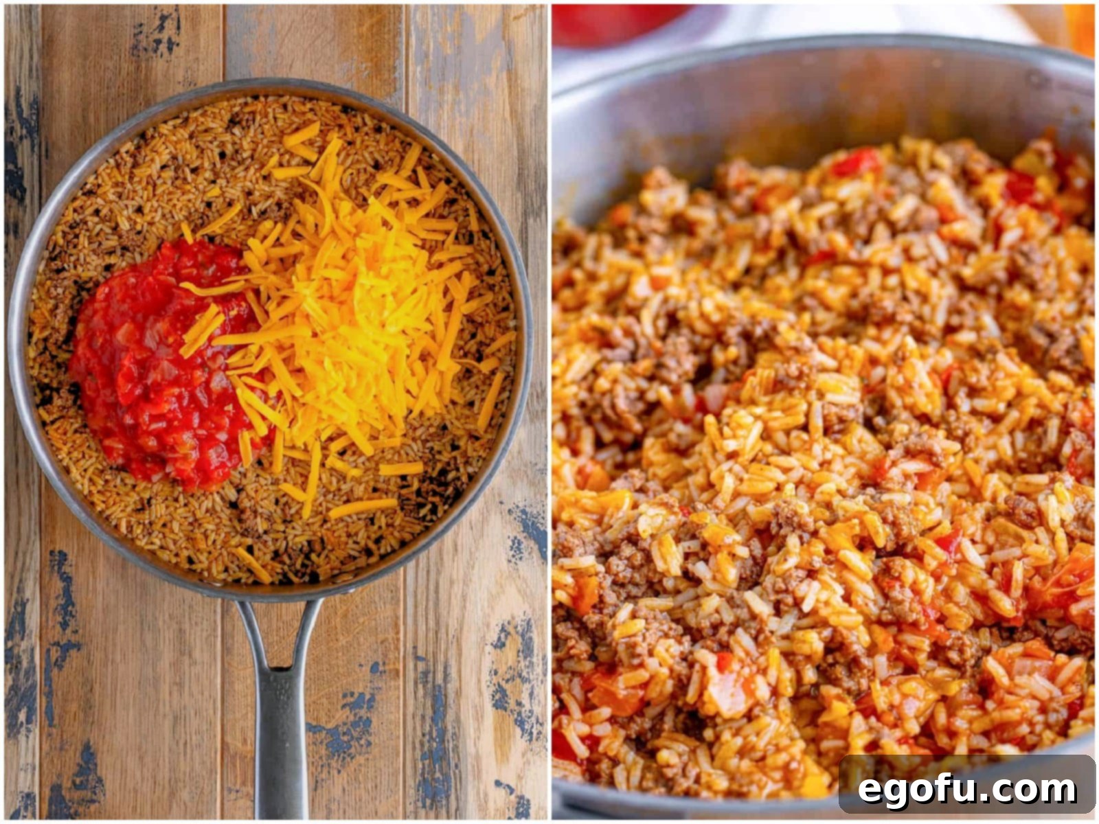Okinawan Taco Rice 8 collage of two photos: salsa and shredded cheese added to cooked rice in skillet; fully finished taco rice in skillet.