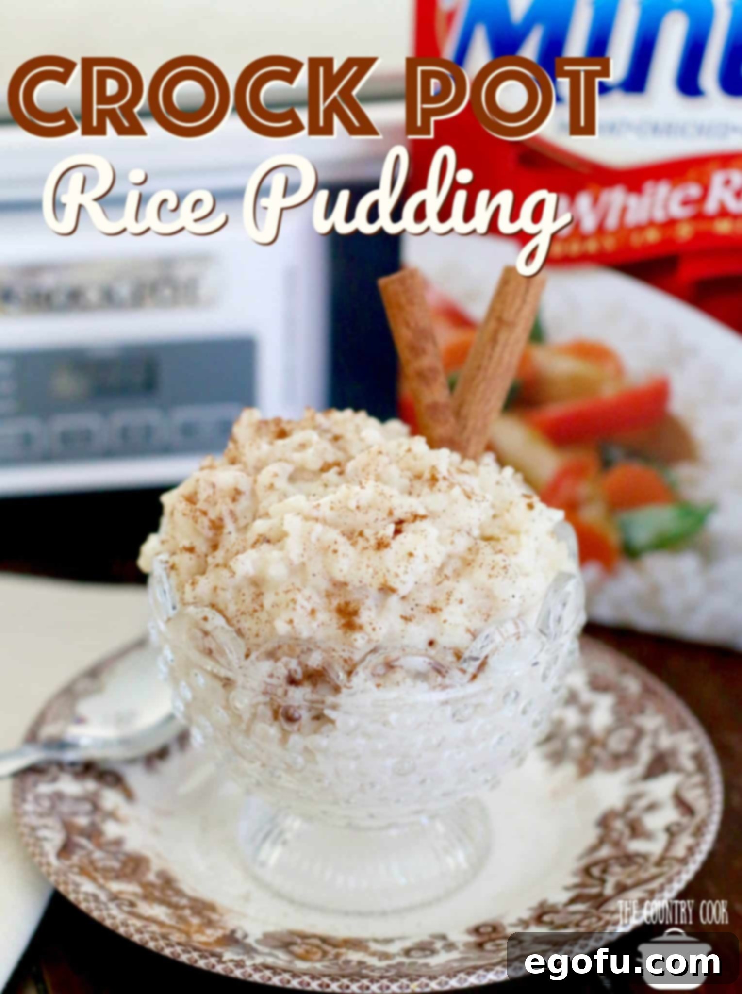 Creamy Crock Pot Rice Pudding 3 a serving of rice pudding topped with cinnamon shown in a glass dessert bowl.