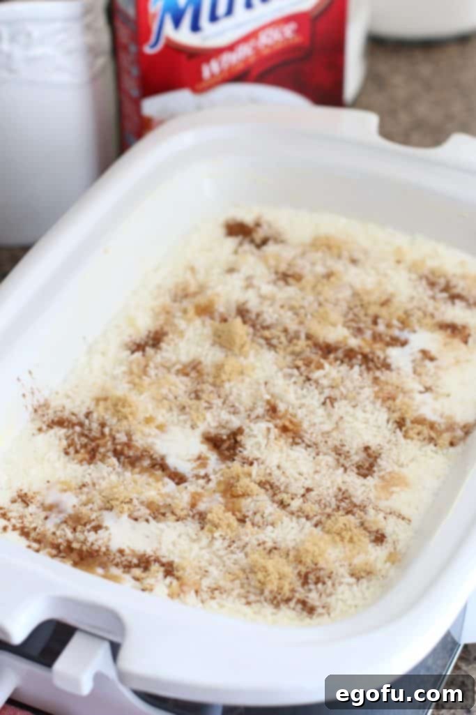 Creamy Crock Pot Rice Pudding 6 milk, instant rice, cinnamon and brown sugar in a casserole crock pot.