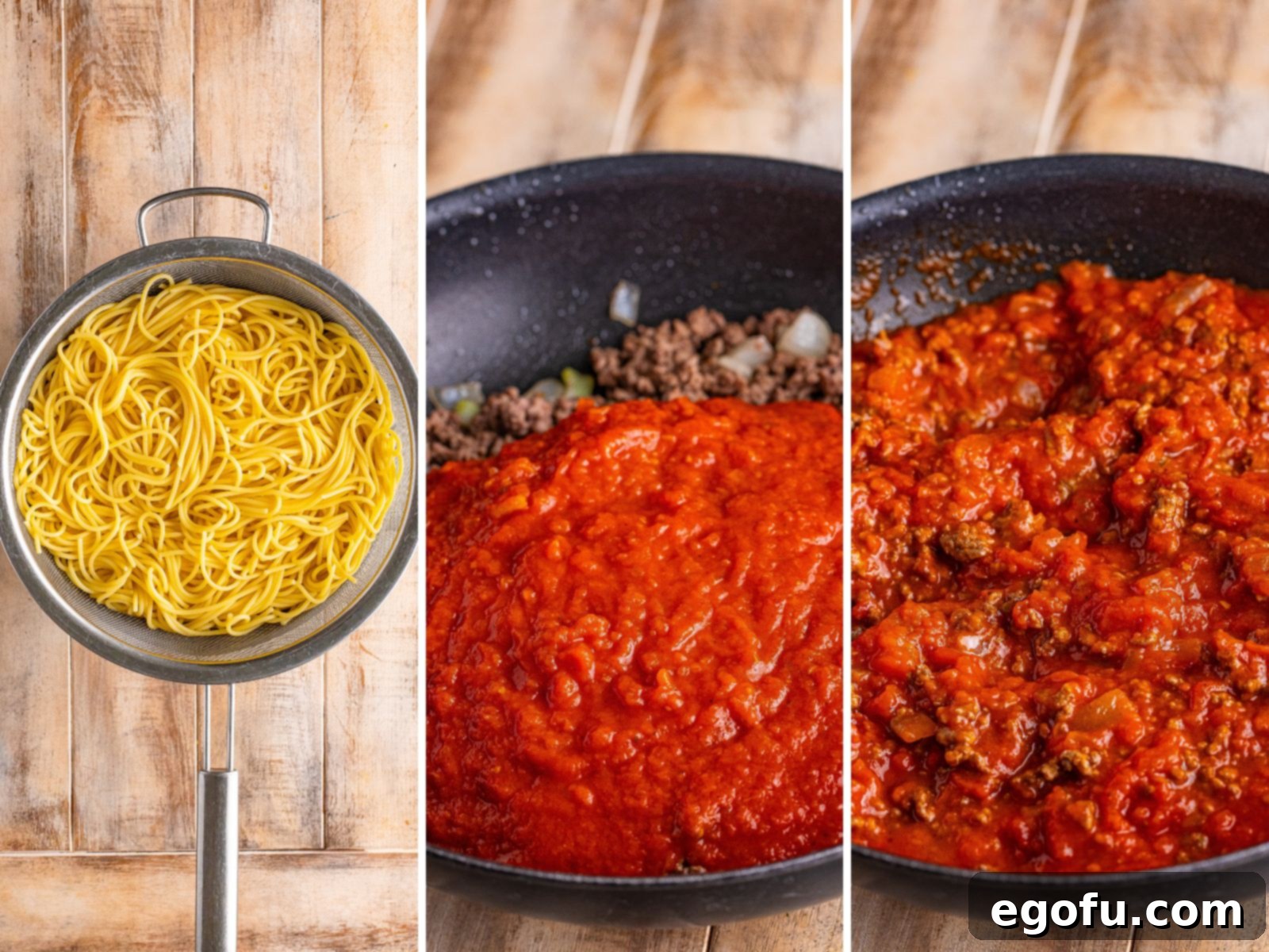 Cooked pasta in a strainer, sauce with onions and beef, mixed ground beef sauce in a skillet.
