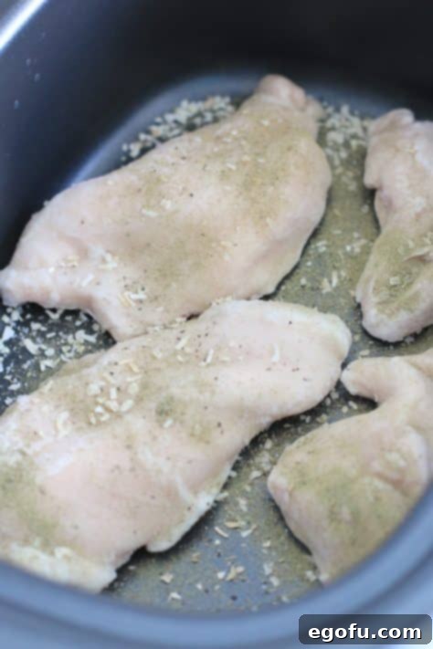 four seasoned frozen chicken breasts in slow cooker.