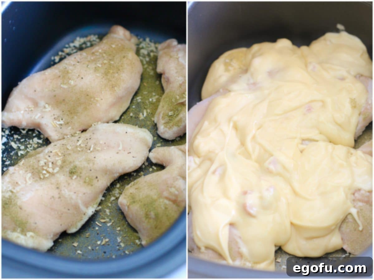 collage of two photos: seasoned frozen chicken breasts in slow cooker; chicken breasts topped with cream of chicken soup.