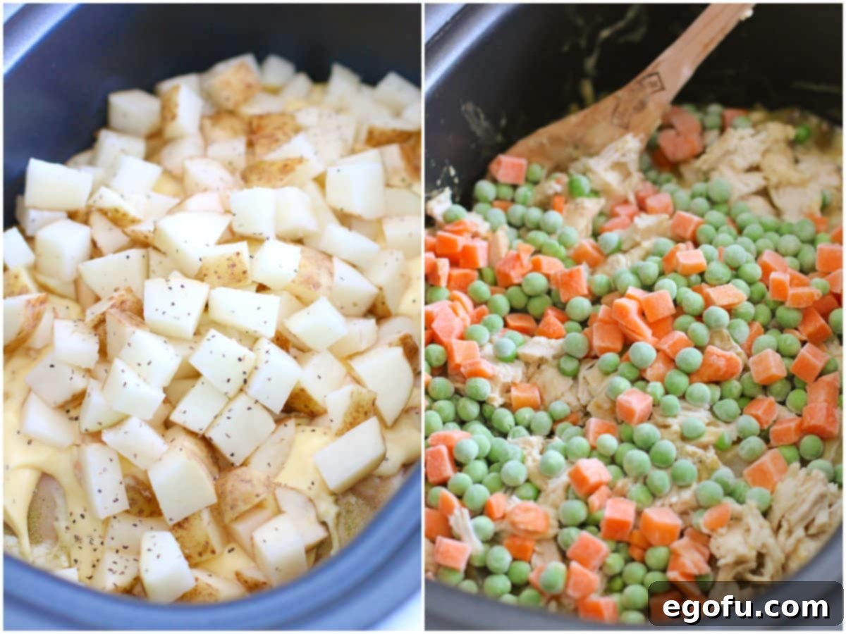 collage of two photos: diced potatoes on top of cream soup mix; frozen peas and carrots on top of potatoes in slow cooker.