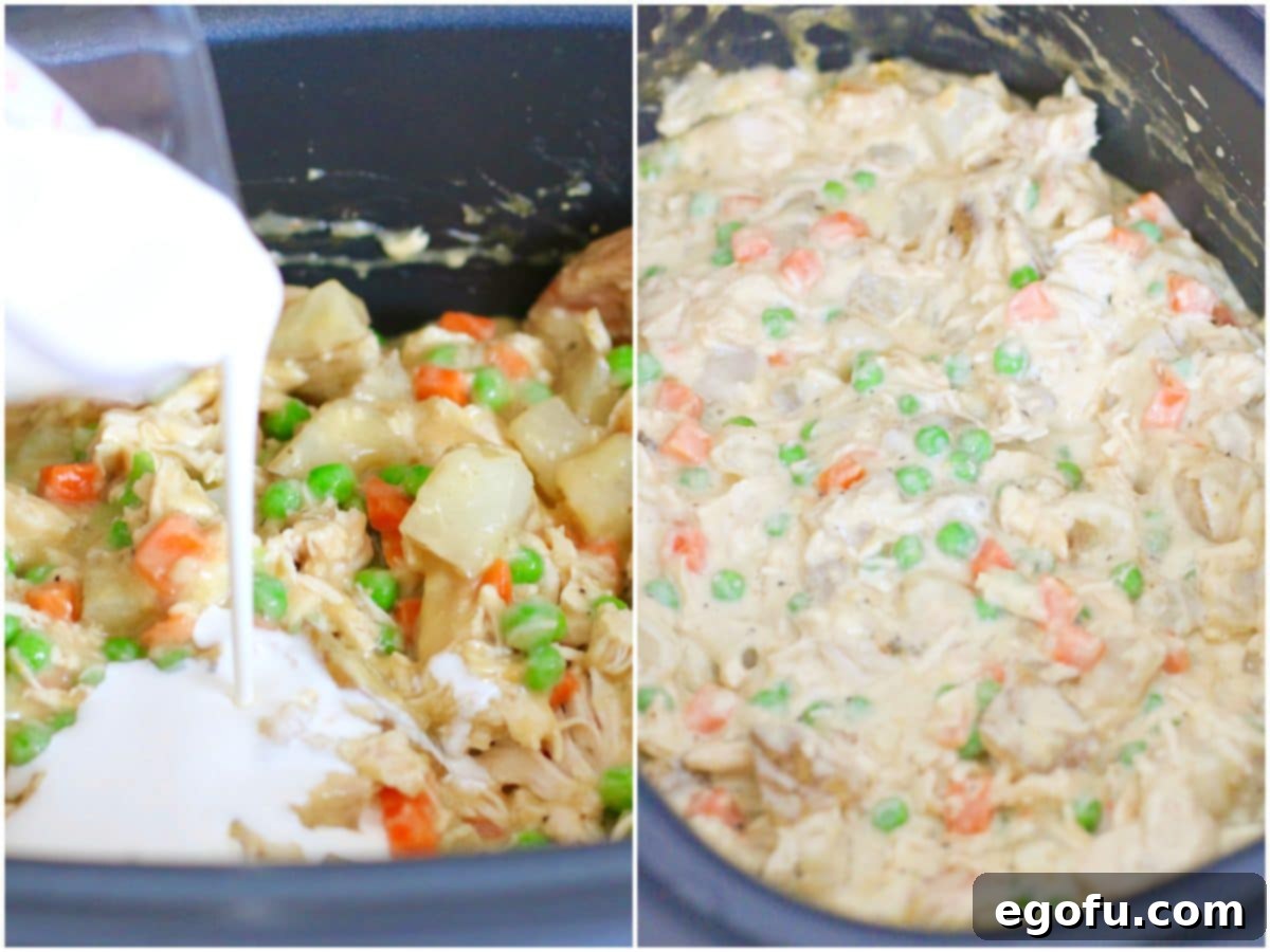 collage of two photos: Pouring heavy cream into crock pot; stirred up chicken pot pie filling.