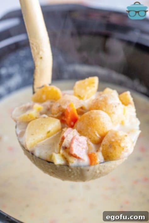 A ladle of Crock Pot Potato and Ham Soup held above the rest of the batch.