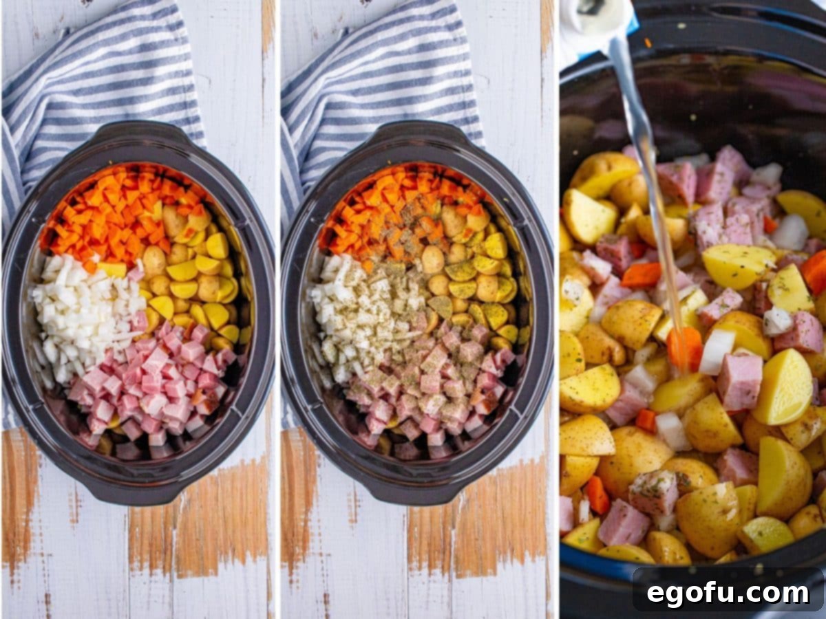 A Slow Cooker with diced ham, onion, carrots, and potatoes and another cooker with seasoned ingredients and some chicken broth being poured into the Slow Cooker.